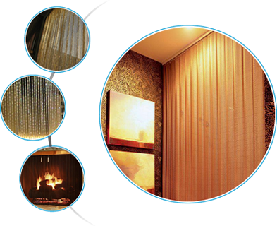 Four pictures of architectural wire mesh used as curtains or screens.