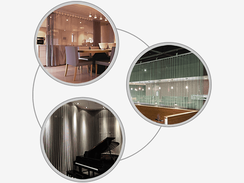 Three pictures of architectural wire mesh used as space dividers.